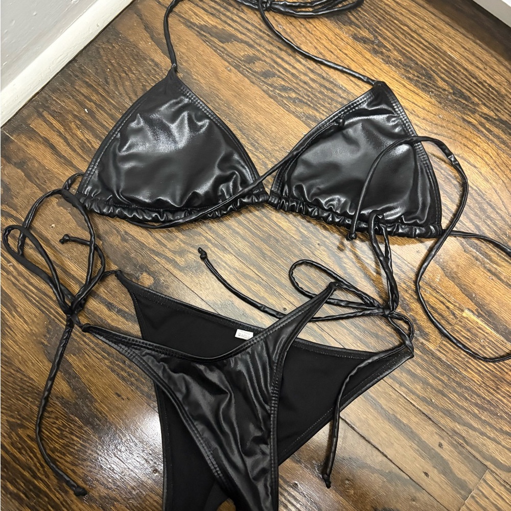 Women’s Black Patent Leather Bikini Set